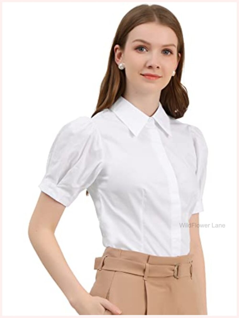 Allegra K Women's Button Down Shirt Collared Puff Short Sleeve Work Tops